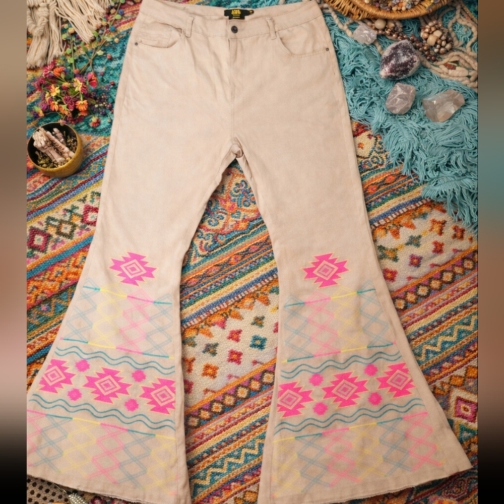 L&B Embroidered Tan Vibrant Aztec Tribal Extreme Flare Wide Leg Jeans